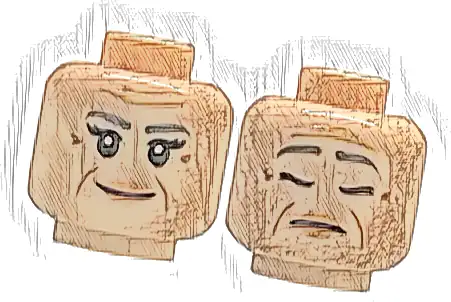 Część LEGO® 3626pb3825 Minifigurka, głowa dwustronna kobieta ciemnoszare brwi, podwójne rzęsy, średnobrązowe linie policzków, zmarszczki na czole, usta w kolorze nugat, uśmiech / śpiąca z zamkniętymi oczami, wzór