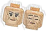 Część LEGO® 3626pb3825 Minifigurka, głowa dwustronna kobieta ciemnoszare brwi, podwójne rzęsy, średnobrązowe linie policzków, zmarszczki na czole, usta w kolorze nugat, uśmiech / śpiąca z zamkniętymi oczami, wzór