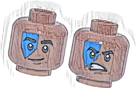 Minifigure, Head Dual Sided Thick Black Eyebrows, Blue Face Paint, Reddish Brown Chin Dimple, Lopsided Grin / Open Mouth Scowl with Teeth Pattern