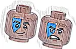 Część LEGO® 3626pb3834 Minifigurka, głowa dwustronna grube czarne brwi, niebieski makijaż, czerwonobrązowy dołeczek na brodzie, krzywy uśmiech / otwarte usta z grymasem i zębami, wzór