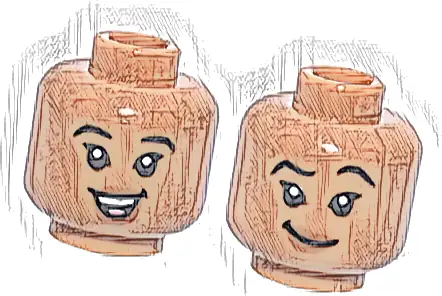 Minifigure, Head Dual Sided Child Female Black Eyebrows, Single Eyelashes, Dark Orange Lips, Open Mouth Smile with Top Teeth and Coral Tongue / Lopsided Grin and Raised Eyebrow Left Pattern