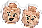 Część LEGO® 3626pb3835 Minifigurka, głowa dwustronna dziecko dziewczynka z czarnymi brwiami, pojedynczymi rzęsami, ciemnopomarańczowymi ustami, uśmiechem z górnymi zębami i koralowym językiem / krzywy uśmiech i uniesiona lewa brew (wzór)