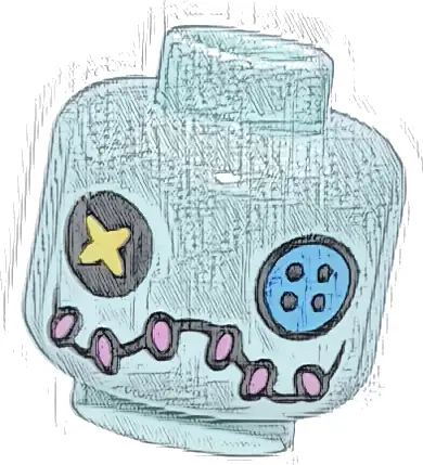 Minifigure, Head Doll with Black Circle Patch with Yellow X Eye Right, Dark Azure Button Eye Left, Wavy Smile with Dark Pink Stitches Pattern