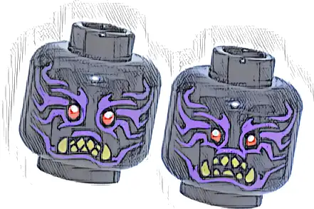 Minifigure, Head Dual Sided Alien Dark Purple Markings, Red Eyes, Gold Fangs, Clenched Teeth / Fierce with Open Mouth Pattern