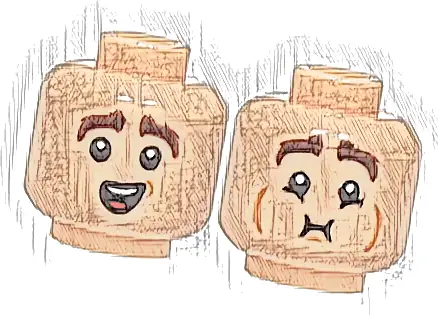 Minifigure, Head Dual Sided Dark Brown Eyebrows, Surprised Open Mouth with Top Teeth and Tongue / Queasy (Breath Holding) with Medium Nougat Cheek Lines Pattern