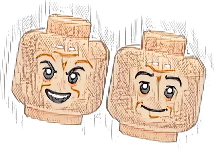 Minifigure, Head Dual Sided Black Eyebrows, Nougat Eye Shadow, Medium Nougat Wrinkles, Crooked Open Mouth Smile with Top Teeth / Stern Grin Pattern