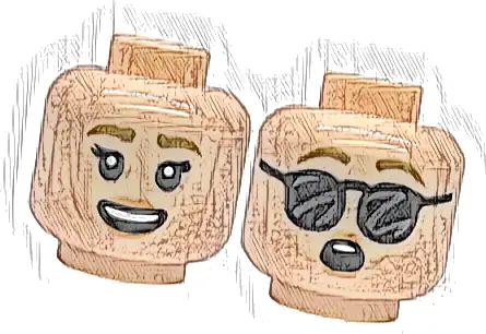 Minifigure, Head Dual Sided Female Dark Tan Eyebrows, Double Eyelashes, Nougat Lips, Open Mouth Smile with Top Teeth / Surprised with Black Sunglasses Pattern