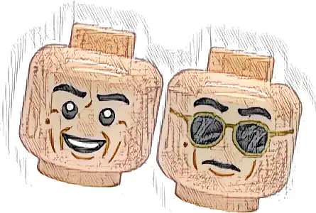 Część LEGO® 3626pb3862 Minifigurka, głowa dwustronna czarne brwi, średnobrązowe zmarszczki i dołek w brodzie, uśmiech otwarte usta z górnymi zębami / surowa z złotymi okularami przeciwsłonecznymi, wzór