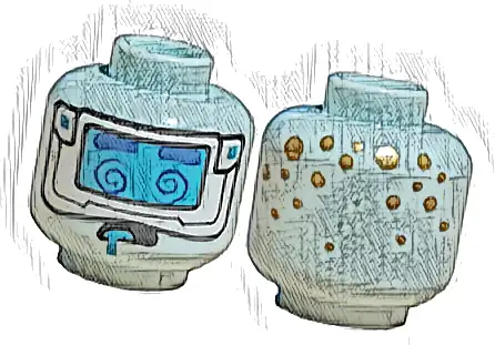 Minifigure, Head Alien Blue Thick Eyebrows and Eye Spirals, White Visor with Medium Azure Lens, Tongue, Gold Dots on Back Pattern