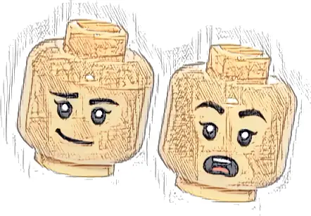 Minifigure, Head Dual Sided Female Black Eyebrows, Eyelashes, Nougat Lips, Lopsided Grin / Surprised Open Mouth with Top Teeth and Tongue Pattern