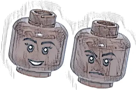 Minifigure, Head Dual Sided Female Black Eyebrows, Double Eyelashes, Dark Brown Lips, Open Mouth Smile with Teeth / Closed Mouth Frown Pattern