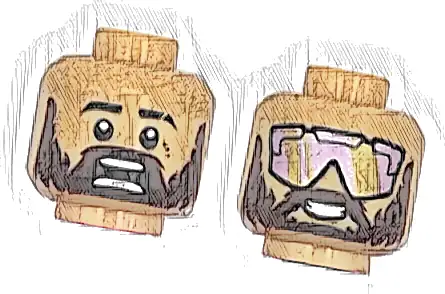 Minifigure, Head Dual Sided Black Eyebrows, Scar, Dark Brown Moustache, Full Beard, Scared Open Mouth with Teeth Parted / Open Mouth Smile, Metallic Pink and Gold Sunglasses Pattern