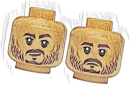 Minifigure, Head Dual Sided Dark Brown Eyebrows, Goatee Beard and Stubble, Medium Nougat Cheek Lines, Smirk / Stern Pattern