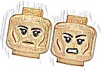 Część LEGO® 3626pb3874 Minifigurka, głowa dwustronna kobieta ciemnobrązowe brwi, czarne podwójne rzęsy, średnobrązowe linie policzków, brązowe usta, neutralna / wściekła z odsłoniętymi zębami, wzór