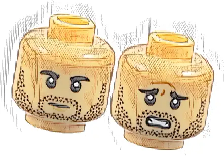 Minifigure, Head Dual Sided Black Eyebrows, Moustache, Stubble, Medium Nougat Chin Dimple, Stern / Worried Open Mouth with Teeth and Forehead Crease Pattern