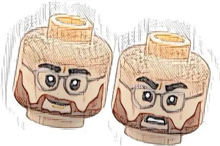 Minifigure, Head Dual Sided Black Eyebrows, Silver Glasses, Reddish Brown Moustache and Full Beard, Dimples, Slight Lopsided Grin / Open Mouth Scowl with Teeth Pattern