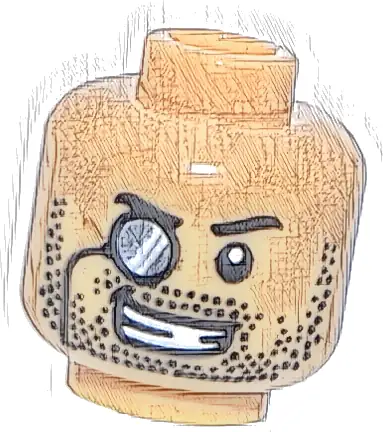 Minifigure, Head Black Eyebrows and Stubble, Black Monocle Right with Silver and White Lens, Open Mouth Grin with Teeth Pattern