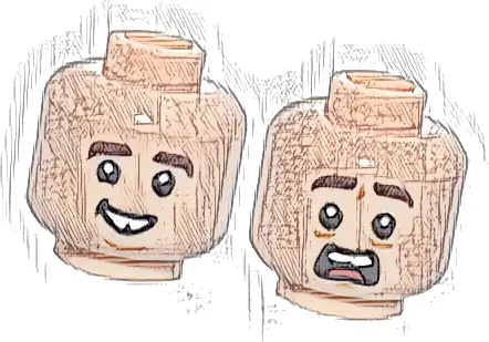 Minifigure, Head Dual Sided Dark Brown Eyebrows, Smile with Tooth Gap / Open Mouth Scared with Red Tongue Pattern