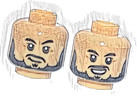 Minifigure, Head Dual Sided Black Eyebrows, Moustache, Beard and Soul Patch, Medium Nougat Dimples, Smirk / Lopsided Open Mouth Smile with Top Teeth Pattern