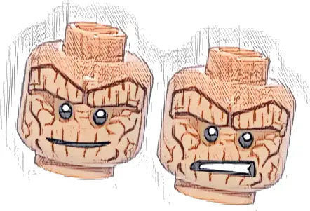 Część LEGO® 3626pb3881 Minifigurka, głowa dwustronna obcy czerwonobrązowe grube skalne brwi i linie policzków, ciemnopomarańczowy cień na powiekach i pęknięcia, krzywy uśmiech / przestraszony otwarte usta z zębami, wzór