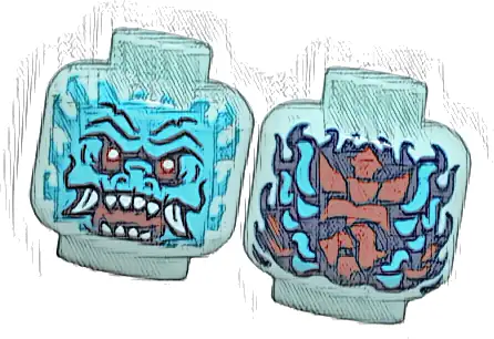 Minifigure, Head Alien Dragon with Medium Azure Face, Red Eyes, Dark Blue Eyebrows and Nostrils, Open Mouth with Fangs and Sharp Teeth, Scales and Swirls on Back Pattern