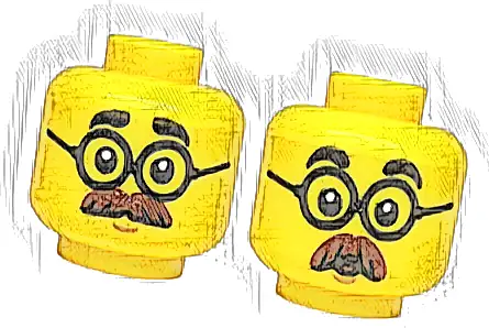 Minifigure, Head Dual Sided Black Thick Eyebrows, Round Glasses, Reddish Brown Moustache, Medium Nougat Chin Dimple, Neutral / Surprised Open Mouth Pattern