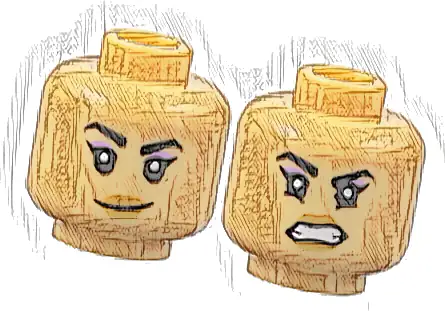 Minifigure, Head Dual Sided Female Black Eyebrows, Medium Lavender Eye Shadow, Medium Nougat Lips, Crooked Smile / Open Mouth Scowl with Teeth Pattern