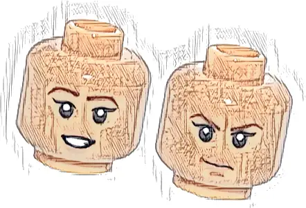 Minifigure, Head Dual Sided Female Thin Reddish Brown Eyebrows, Black Eyelashes, Nougat Lips, Open Mouth Smile / Closed Mouth Frown Pattern