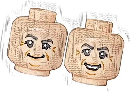 Minifigure, Head Dual Sided Female, Dark Bluish Gray Eyebrows, Nougat Lips, Medium Nougat Chin Dimple, Cheek Lines and Crow's Feet, Smile / Open Mouth Smile Pattern