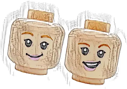 Minifigure, Head Dual Sided Female Medium Nougat Eyebrows, Bright Pink Lips, Open Mouth Smile with Top Teeth / Grin Pattern