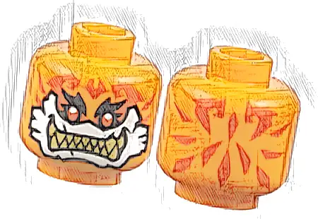 Część LEGO® 3626pb3907 Minifigurka, głowa obcy z czerwonopomarańczowymi tatuażami, czarnymi brwiami, czerwonymi oczami, bielą wokół ust, złotymi ostrymi zębami, wzór