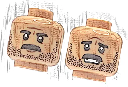 Minifigure, Head Dual Sided Black Eyebrows, Moustache and Stubble, Dark Orange Chin Dimple and Forehead Crease, Stern / Worried Open Mouth with Teeth Pattern