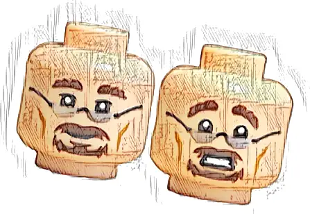 Minifigure, Head Dual Sided Silver Glasses, Dark Brown Eyebrows, Moustache, Goatee, Grin / Scared Open Mouth with Teeth Pattern