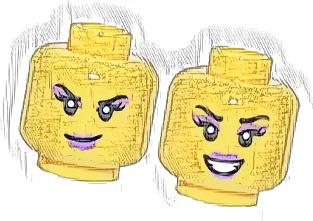 Minifigure, Head Dual Sided Female Black Eyebrows and Eyelashes, Metallic Pink Eye Shadow, Medium Lavender Lips, Smirk / Open Mouth Smile with Teeth Pattern