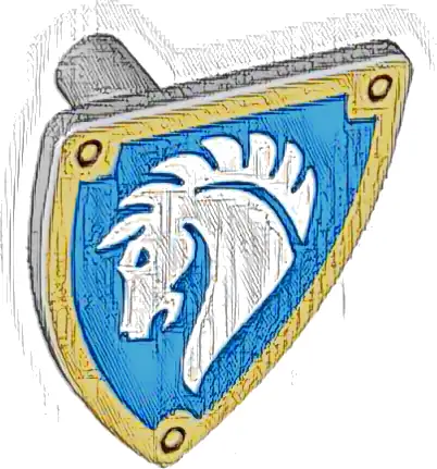 Minifigure, Shield Triangular Short with White Horse Head on Blue Background with Gold Border Pattern