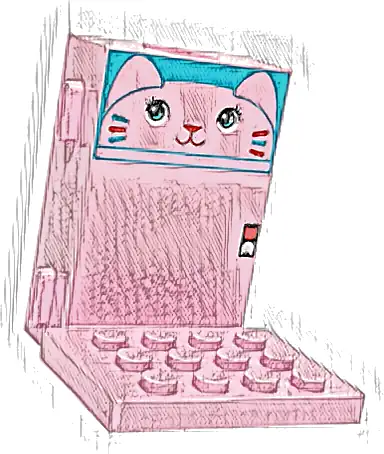 Brick, Modified 2 x 4 x 5 with Hole for Gear Worm Screw 6L, Runners for Channels and Elevator Platform with Cat Head, Black and White Eyes, Medium Azure and Red Nose, Mouth and Whiskers Pattern