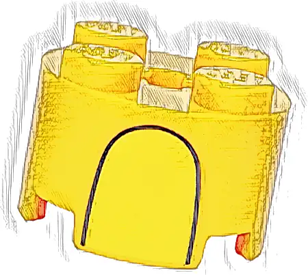 Brick, Round 2 x 2 with Axle Hole with Yellow Stripe and Curved Black Line Pattern