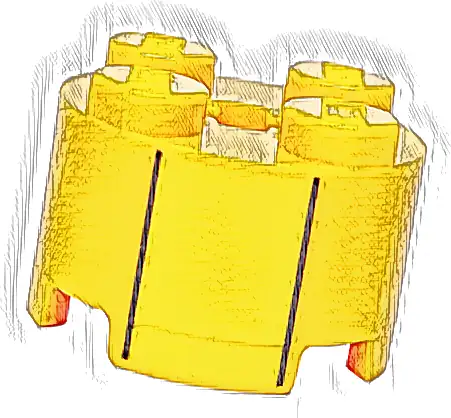 Brick, Round 2 x 2 with Axle Hole with Yellow Stripe and Black Lines Pattern