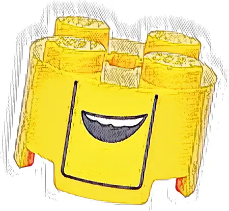 Brick, Round 2 x 2 with Axle Hole with Yellow Stripe, Black Bent Line and Open Mouth with White Teeth Pattern