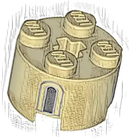 Brick, Round 2 x 2 with Axle Hole with 2 Black and Light Bluish Gray Castle Windows Pattern