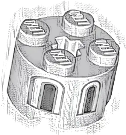 Brick, Round 2 x 2 with Axle Hole with 3 Black and Light Bluish Gray Castle Windows Pattern