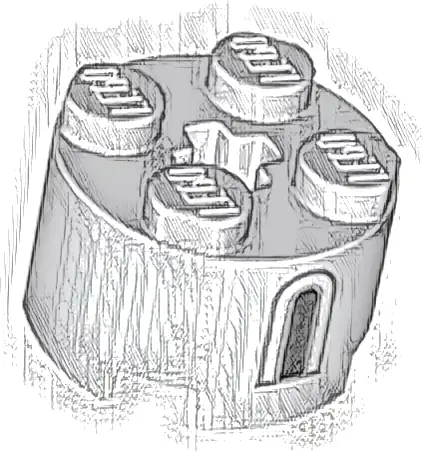 Brick, Round 2 x 2 with Axle Hole with Black and Light Bluish Gray Castle Window Pattern