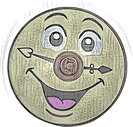 Dish 4 x 4 Inverted (Radar) with Solid Stud with Black Eyebrows and Clock Hands, White Eyes, and Open Mouth Smile with Dark Pink Tongue on Tan Background Pattern (Cogsworth Face)
