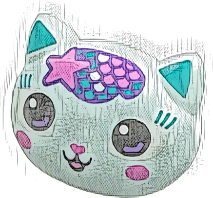 Mini Doll, Head, Modified Cat Wide with Large Eyes with Dark Purple Highlights, Dark Turquoise Eyelashes and Ears, Dark Pink Nose, Tongue, and Circles on Cheeks, Star and Scales on Forehead Pattern