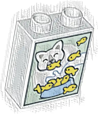 Duplo, Brick 1 x 2 x 2 with Cat Eating Fish Kibble and Milk in Medium Blue Bowl Pattern