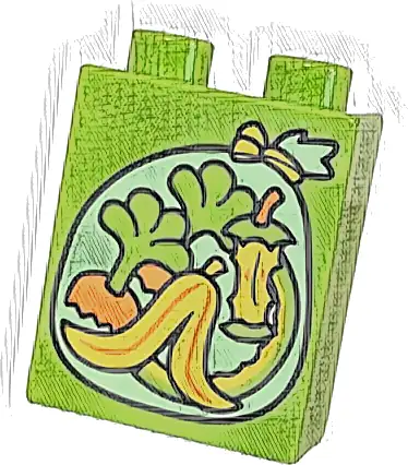 Duplo, Brick 1 x 2 x 2 with Yellowish Green Garbage Bag with Fruit and Vegetable Organic Waste, Banana Peel, Apple Core, Melon Rind, Carrot Stems Patt