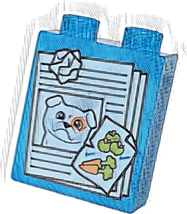 Duplo, Brick 1 x 2 x 2 with White Paper with Dog and Orange and Lime Apples and Carrots Pattern (Paper Waste / Garbage)