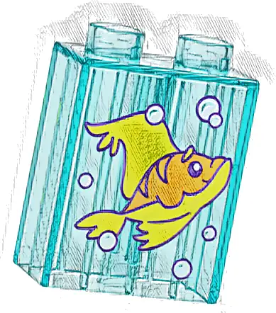Duplo, Brick 1 x 2 x 2 with Orange and Yellow Fish and White Bubbles with Dark Purple Outlines Pattern