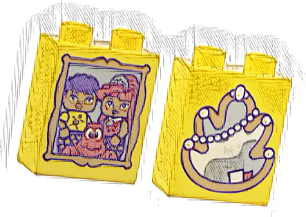 Duplo, Brick 1 x 2 x 2 with Framed Portrait of Fernie, Sebastian and Ariel / Mirror and Pearl Necklace Pattern
