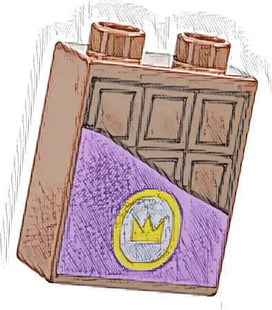 Duplo, Brick 1 x 2 x 2 with Chocolate Bar, Medium Lavender Label with Gold Oval and Crown Pattern